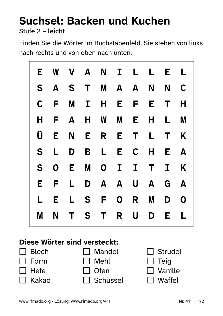 Vorschau der Druckseite: Suchsel „Backen und Kuchen“, Nr. 411