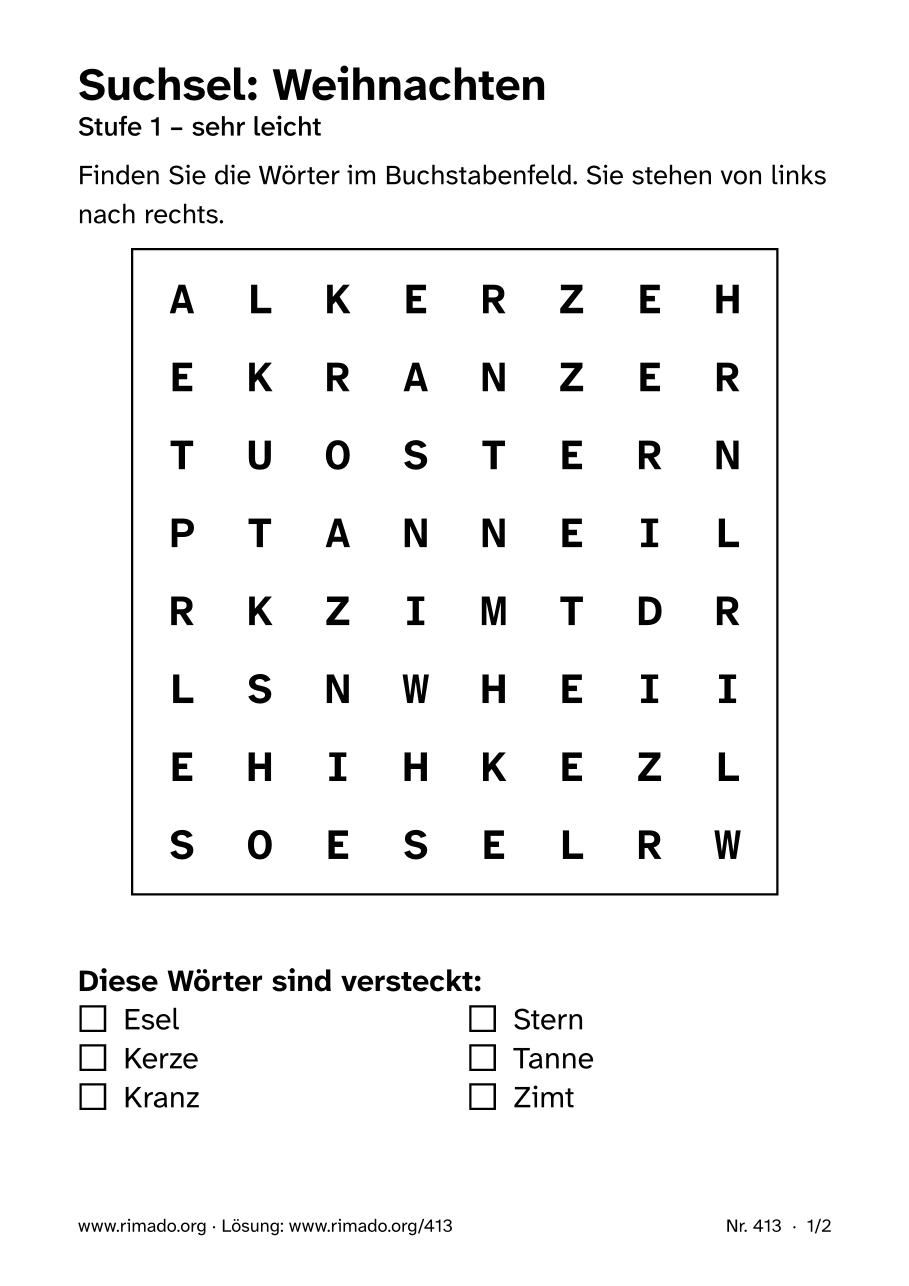 Vorschau der Druckseite: Suchsel „Weihnachten“, Nr. 413