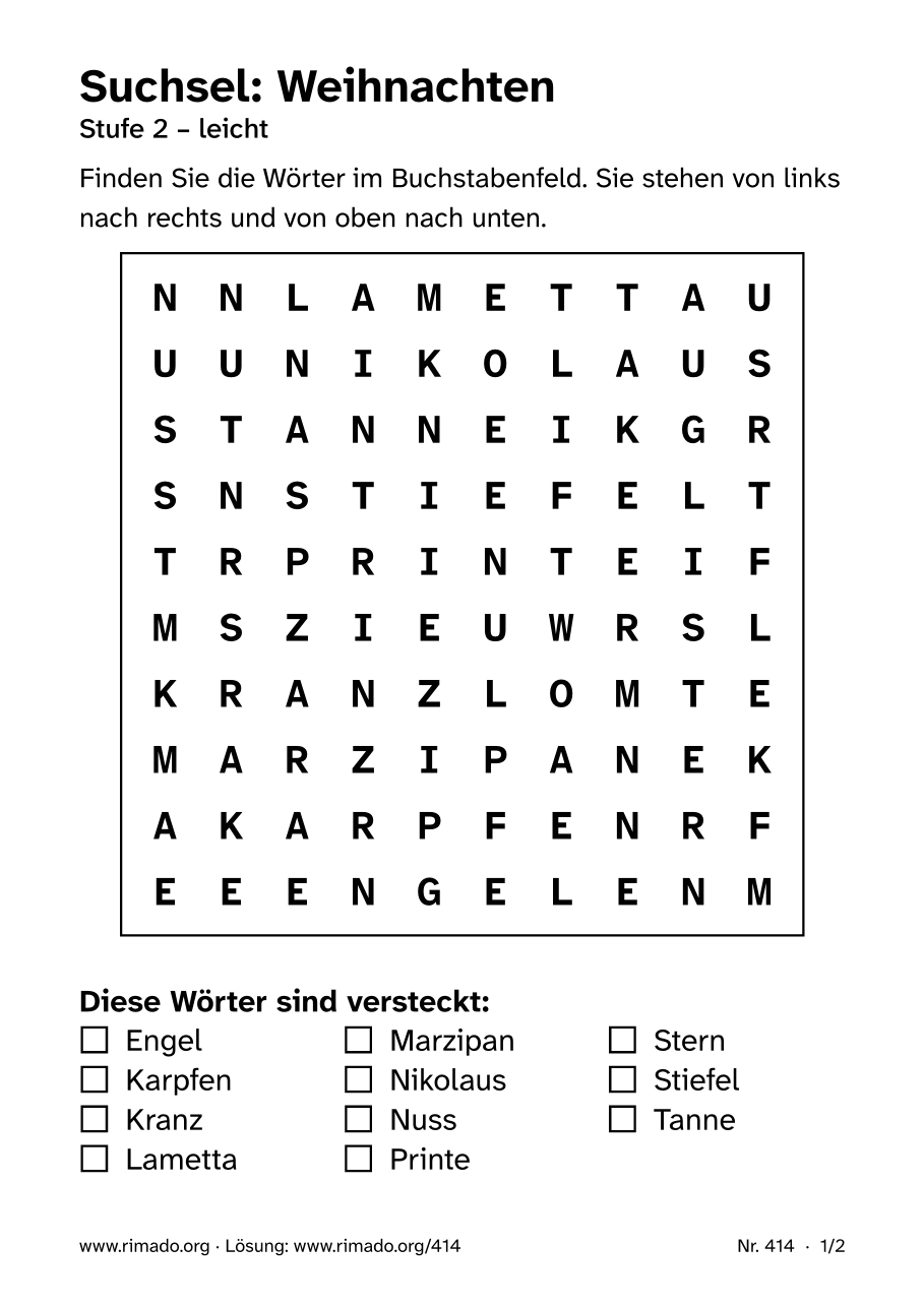 Vorschau der Druckseite: Suchsel „Weihnachten“, Nr. 414
