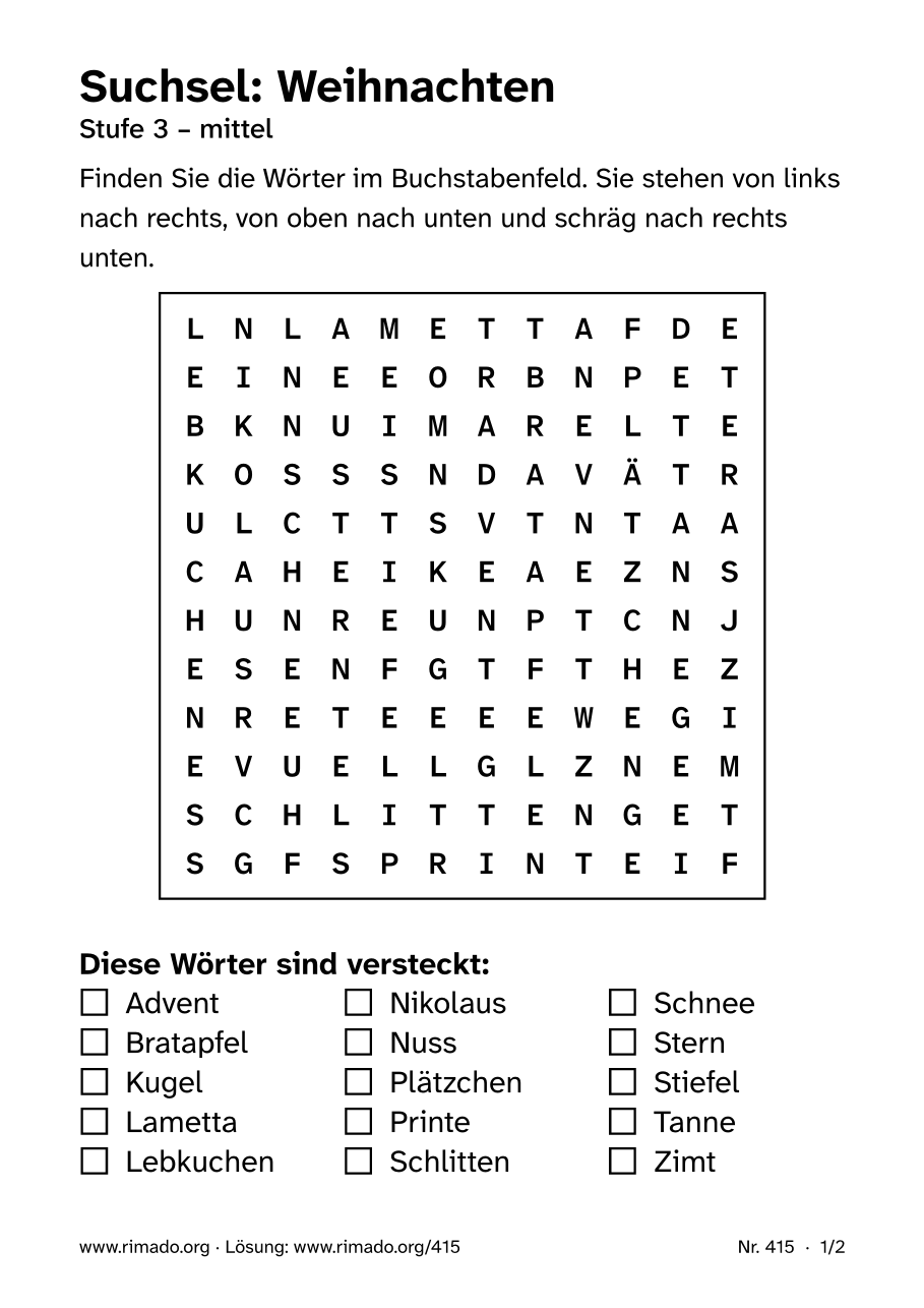 Vorschau der Druckseite: Suchsel „Weihnachten“, Nr. 415