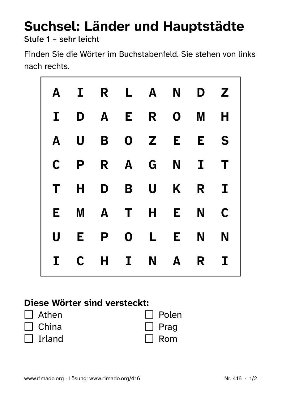 Vorschau der Druckseite: Suchsel „Länder und Hauptstädte“, Nr. 416