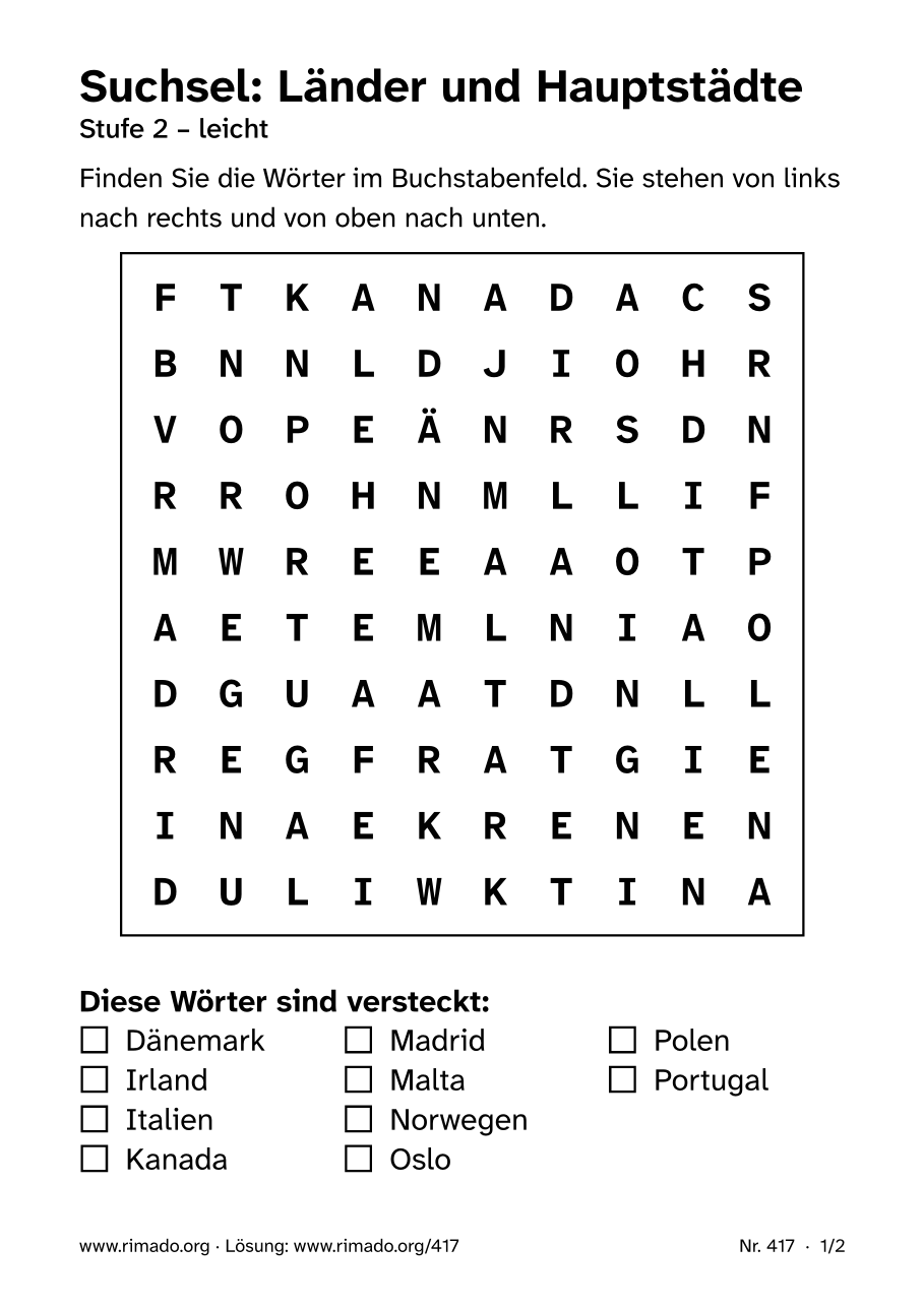 Vorschau der Druckseite: Suchsel „Länder und Hauptstädte“, Nr. 417