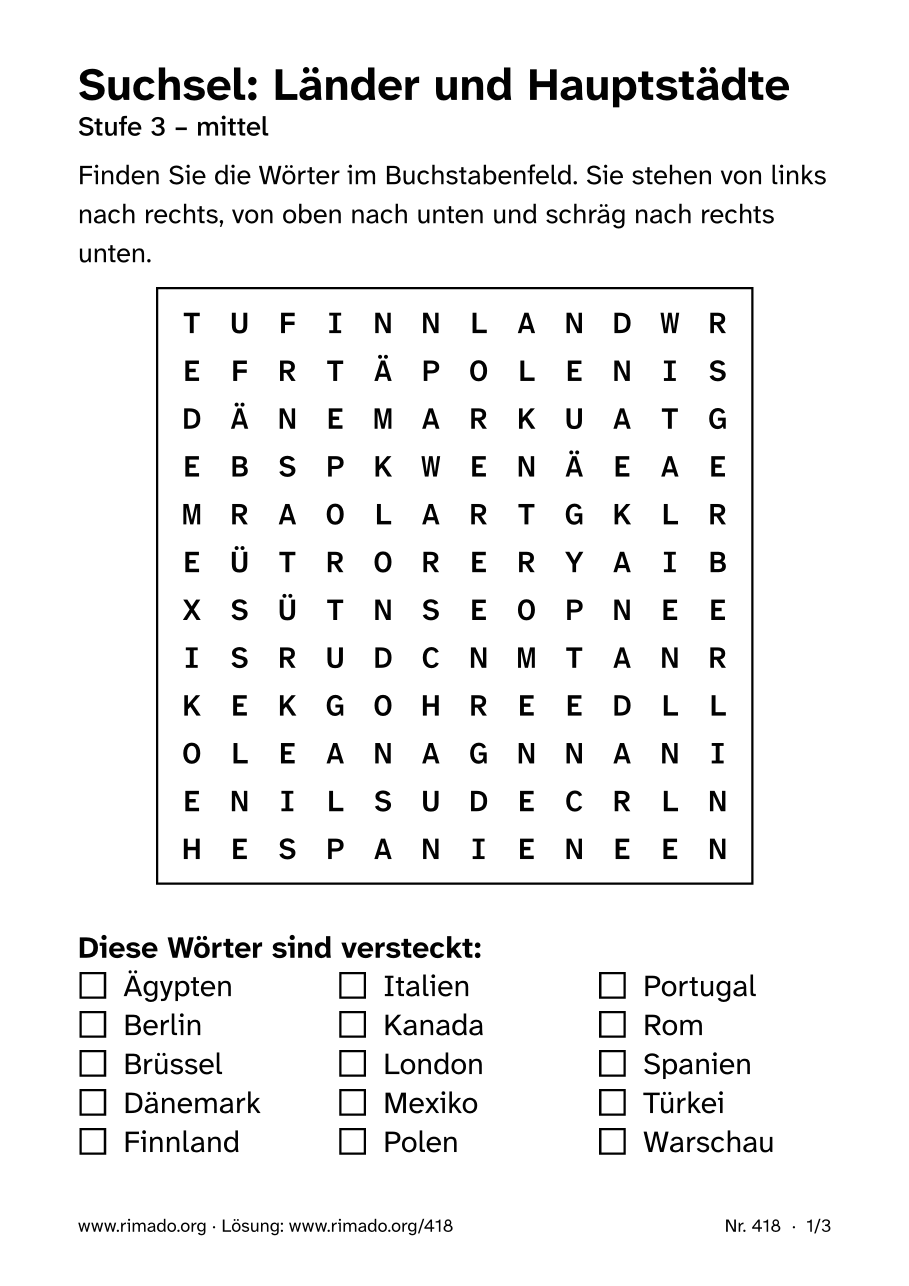 Vorschau der Druckseite: Suchsel „Länder und Hauptstädte“, Nr. 418