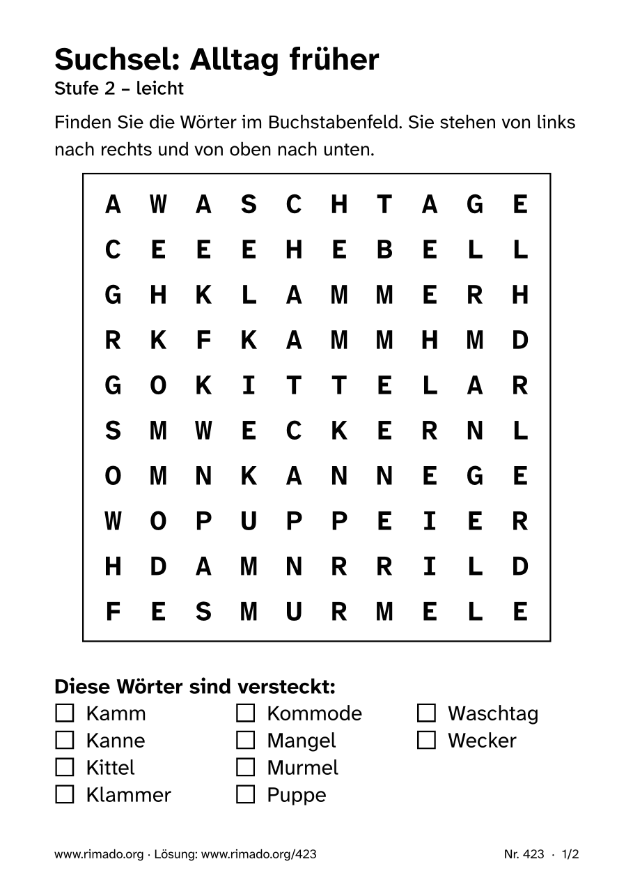 Vorschau der Druckseite: Suchsel „Alltag früher“, Nr. 423
