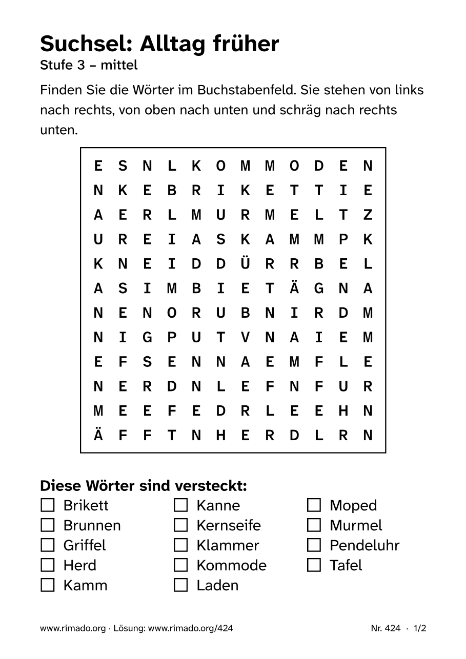 Vorschau der Druckseite: Suchsel „Alltag früher“, Nr. 424