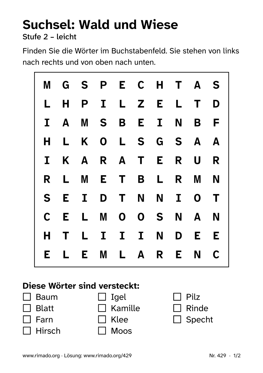 Vorschau der Druckseite: Suchsel „Wald und Wiese“, Nr. 429