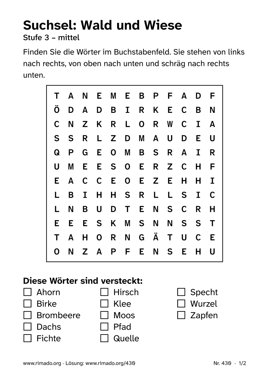 Vorschau der Druckseite: Suchsel „Wald und Wiese“, Nr. 430