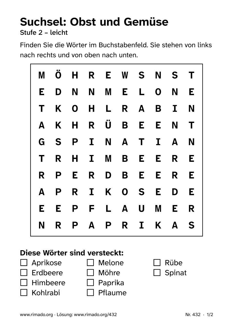 Vorschau der Druckseite: Suchsel „Obst und Gemüse“, Nr. 432