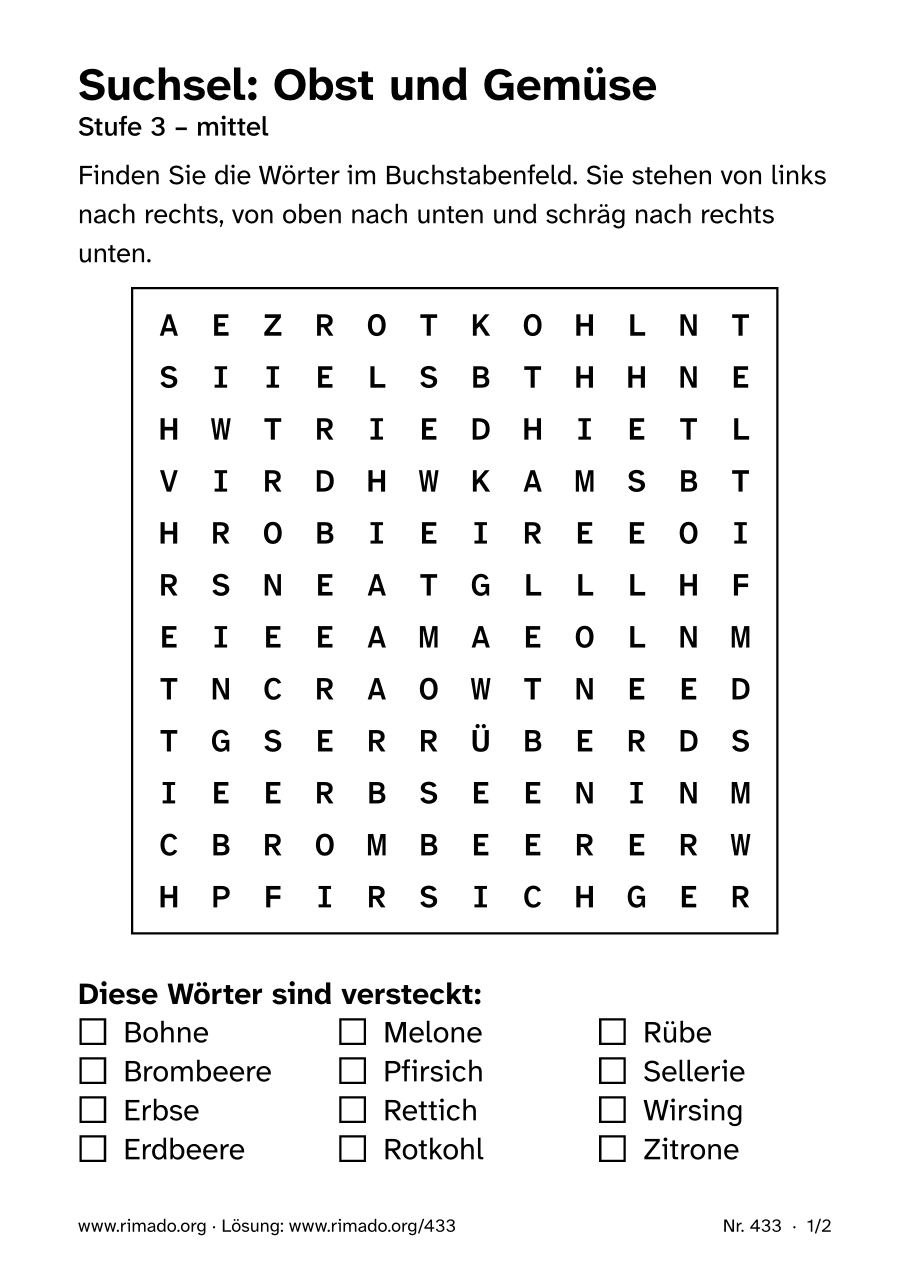 Vorschau der Druckseite: Suchsel „Obst und Gemüse“, Nr. 433