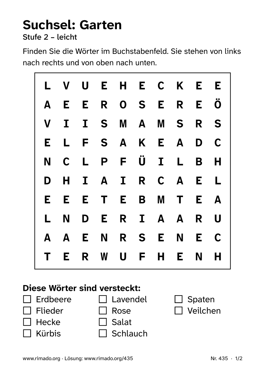 Vorschau der Druckseite: Suchsel „Garten“, Nr. 435