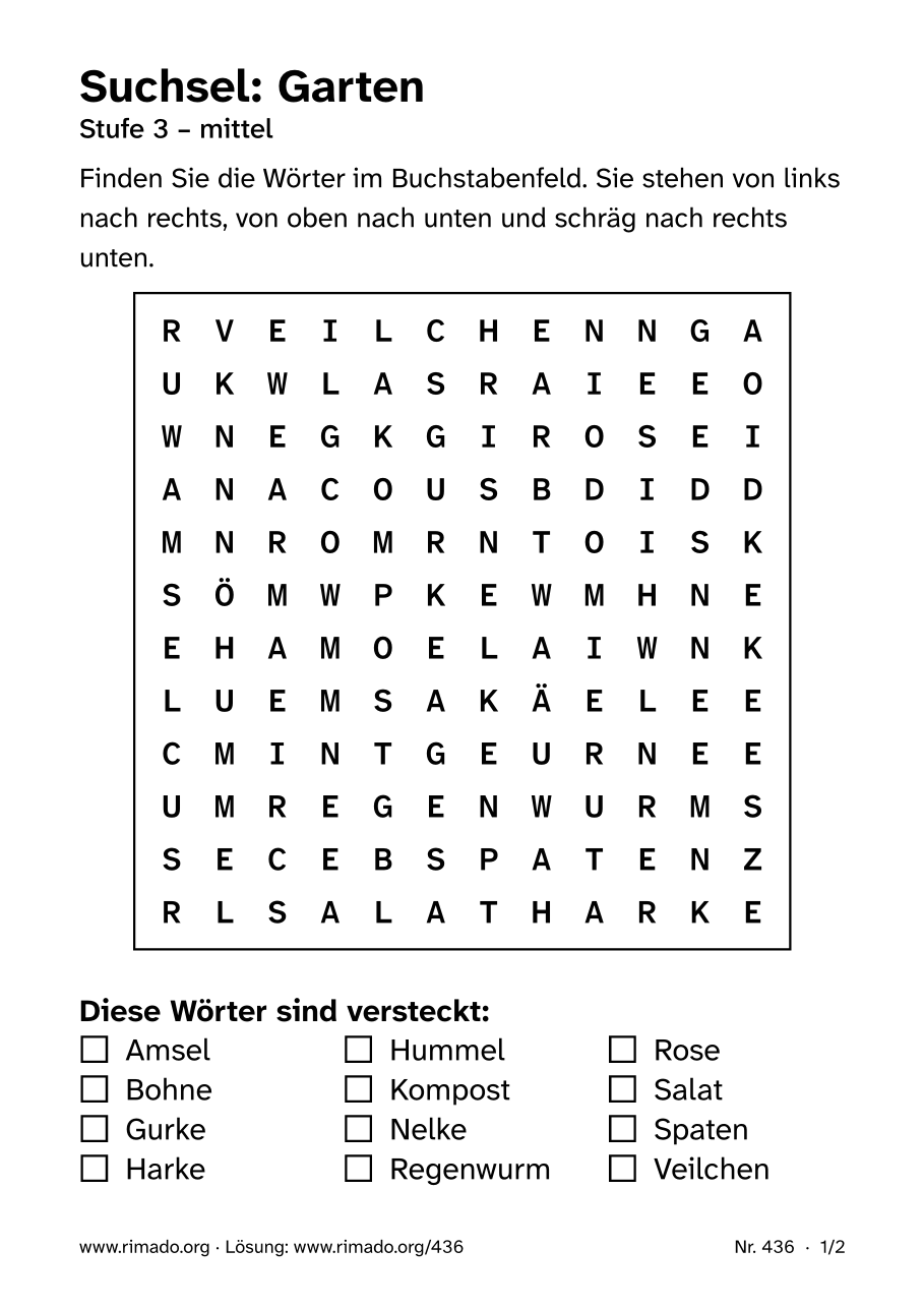 Vorschau der Druckseite: Suchsel „Garten“, Nr. 436