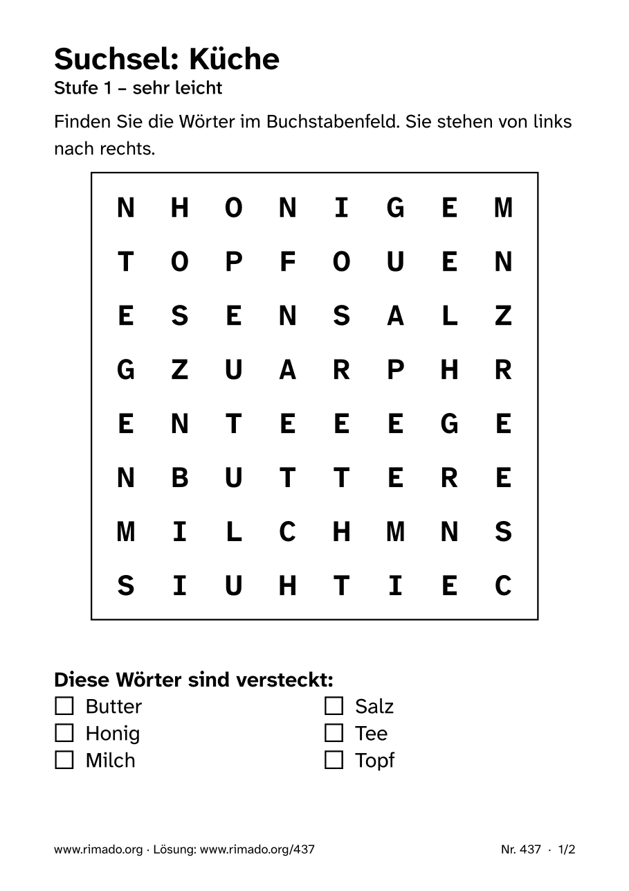 Vorschau der Druckseite: Suchsel „Küche“, Nr. 437