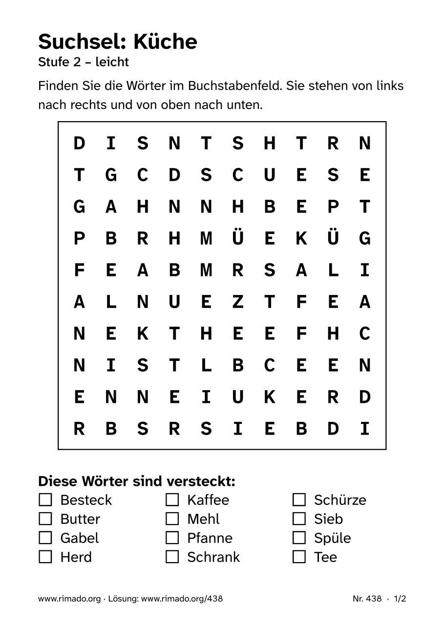 Vorschau der Druckseite: Suchsel „Küche“, Nr. 438