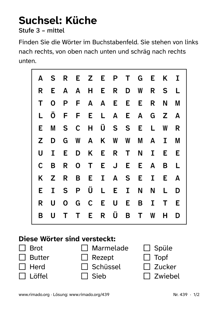 Vorschau der Druckseite: Suchsel „Küche“, Nr. 439