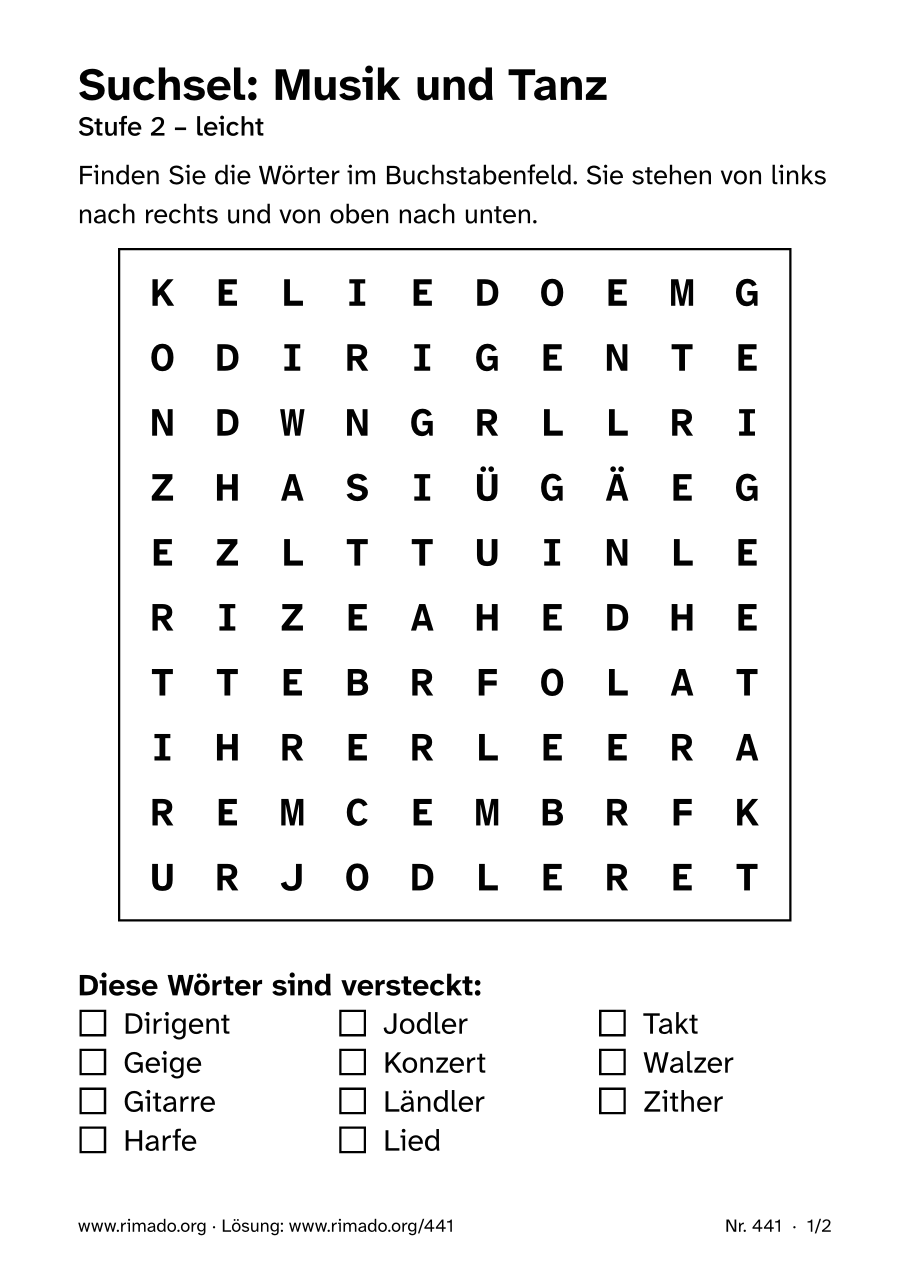 Vorschau der Druckseite: Suchsel „Musik und Tanz“, Nr. 441