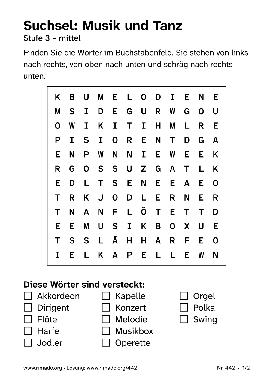 Vorschau der Druckseite: Suchsel „Musik und Tanz“, Nr. 442