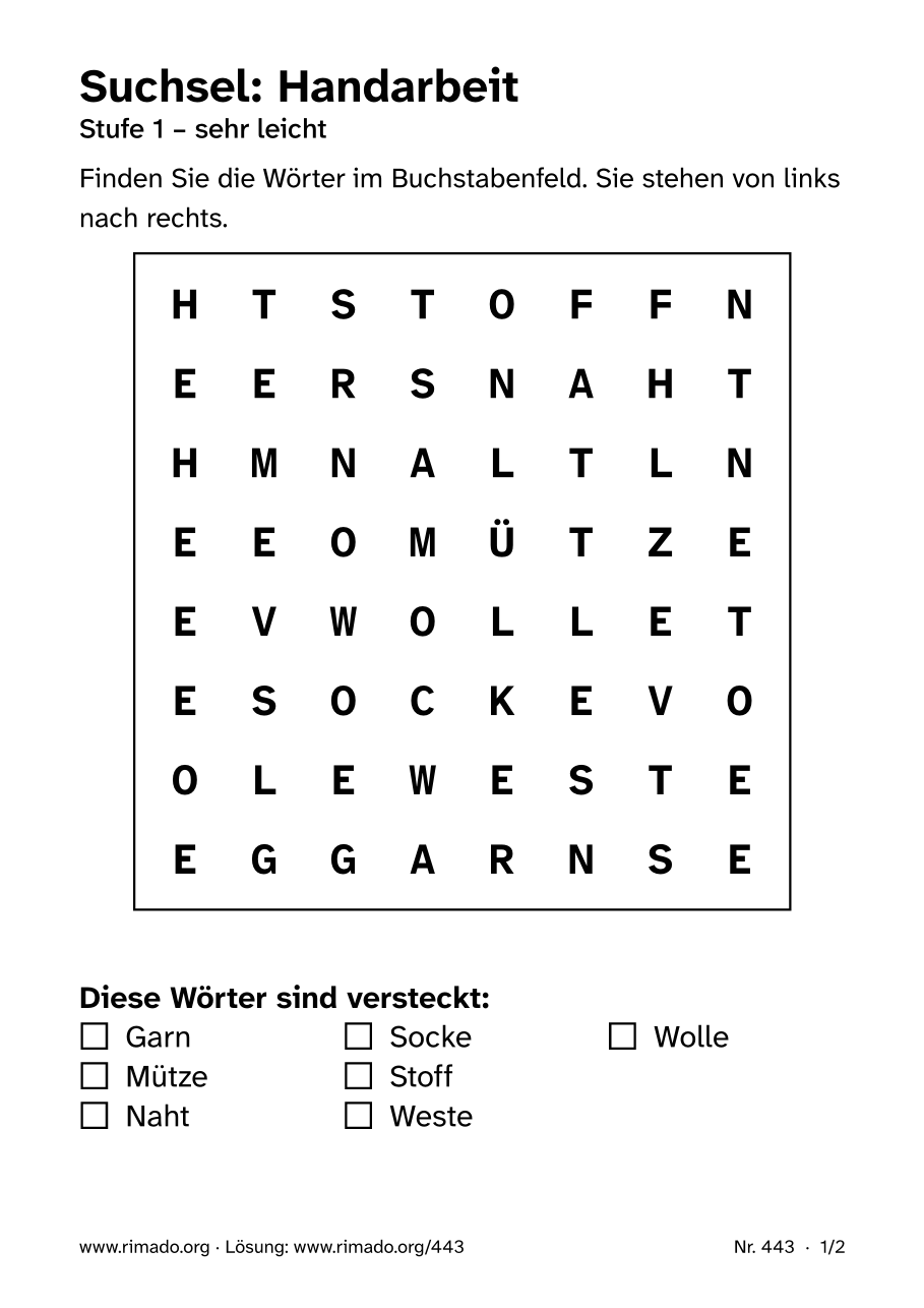 Vorschau der Druckseite: Suchsel „Handarbeit“, Nr. 443