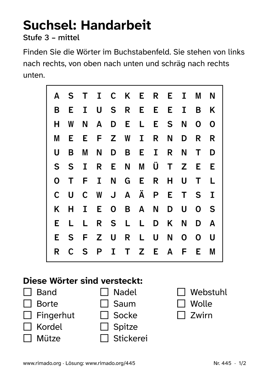 Vorschau der Druckseite: Suchsel „Handarbeit“, Nr. 445