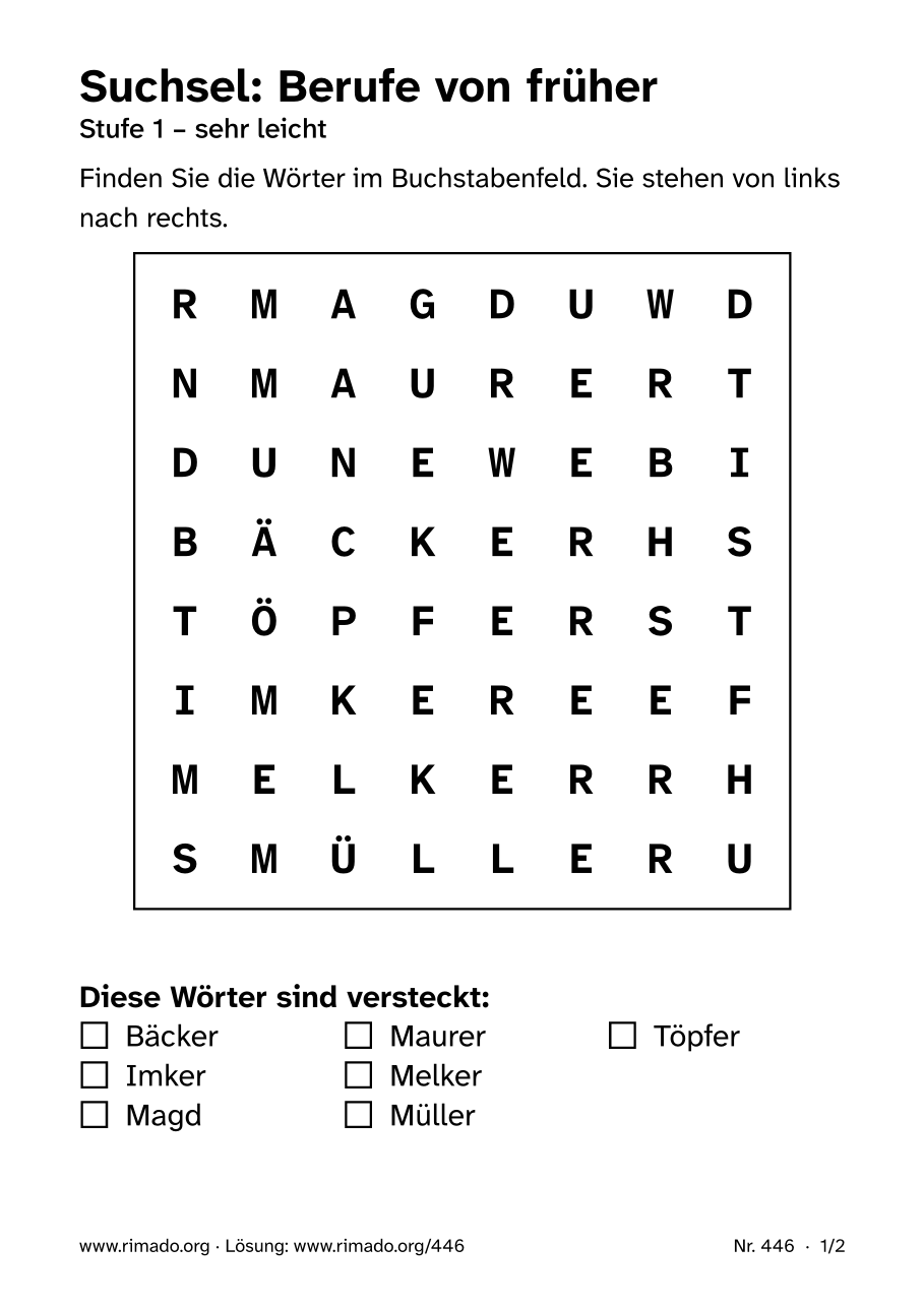 Vorschau der Druckseite: Suchsel „Berufe von früher“, Nr. 446