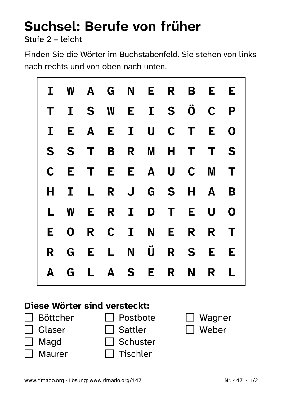 Vorschau der Druckseite: Suchsel „Berufe von früher“, Nr. 447