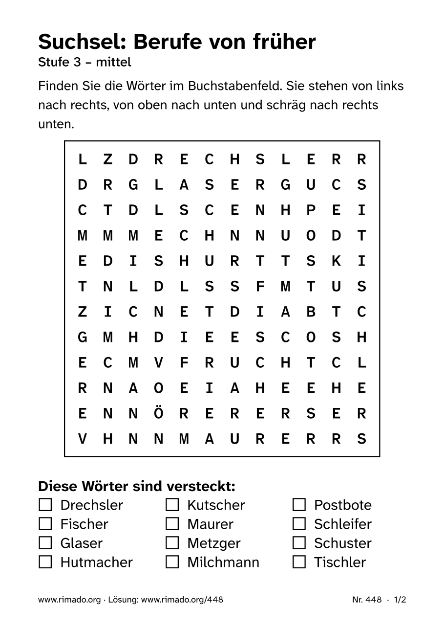 Vorschau der Druckseite: Suchsel „Berufe von früher“, Nr. 448