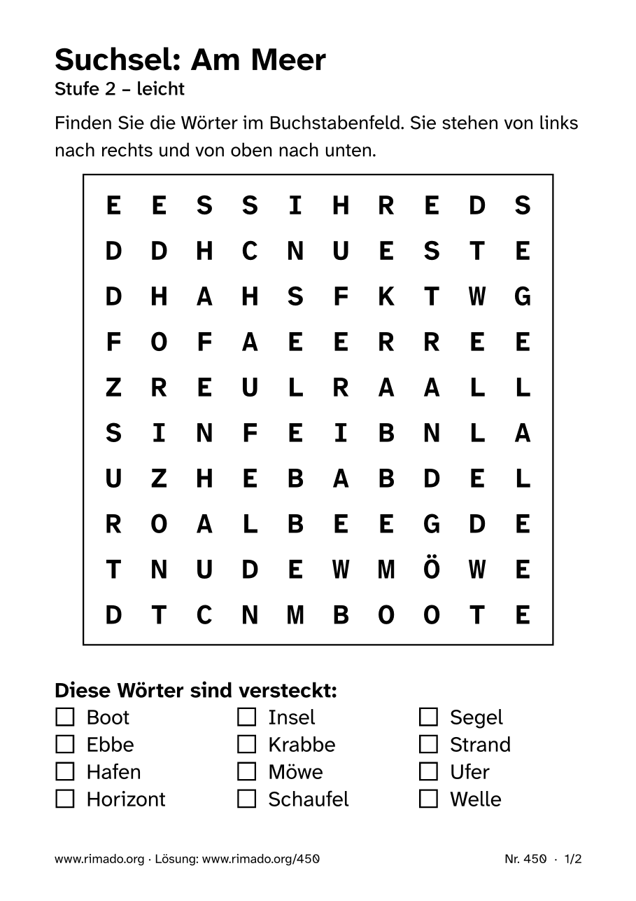Vorschau der Druckseite: Suchsel „Am Meer“, Nr. 450
