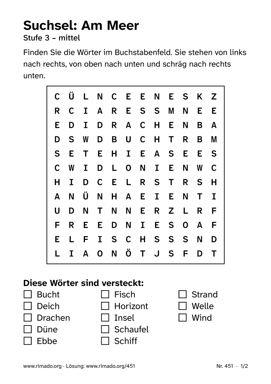 Vorschau der Druckseite: Suchsel „Am Meer“, Nr. 451