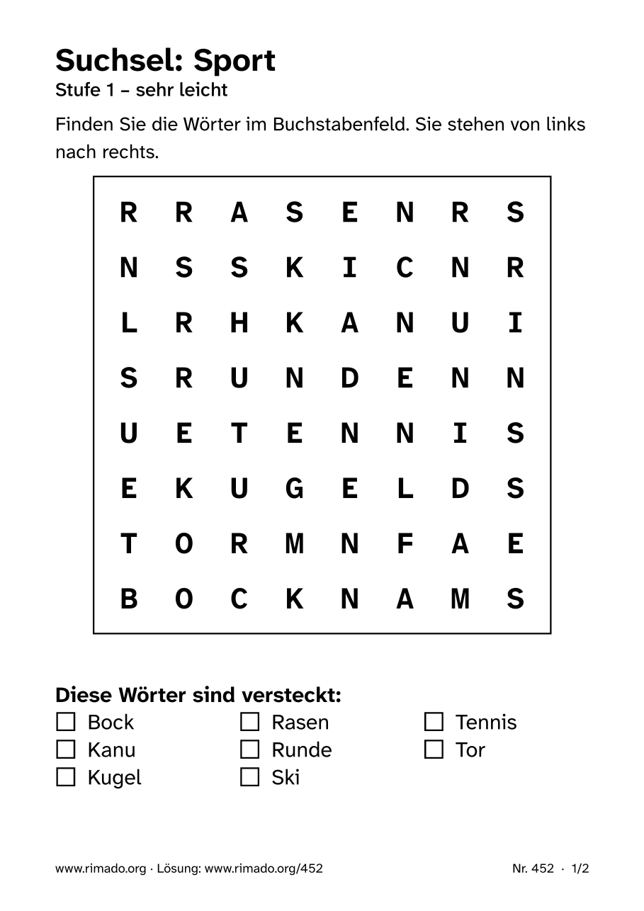 Vorschau der Druckseite: Suchsel „Sport“, Nr. 452