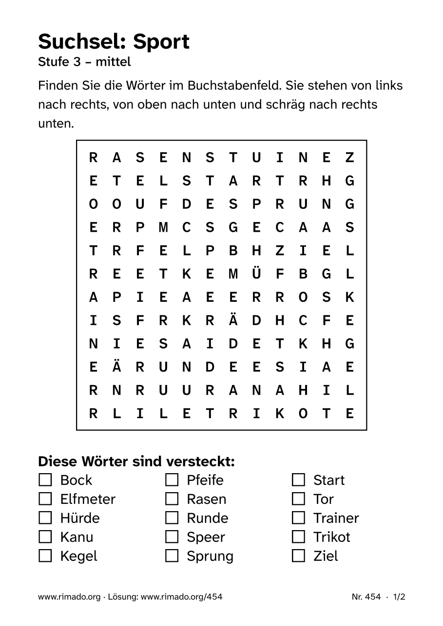 Vorschau der Druckseite: Suchsel „Sport“, Nr. 454