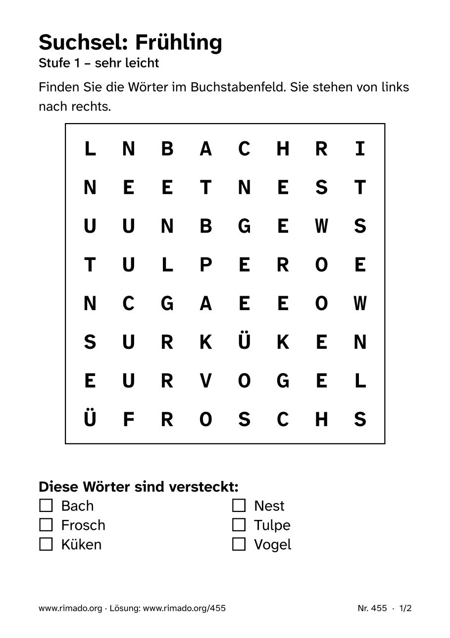 Vorschau der Druckseite: Suchsel „Frühling“, Nr. 455