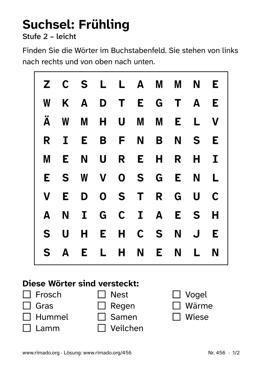 Vorschau der Druckseite: Suchsel „Frühling“, Nr. 456
