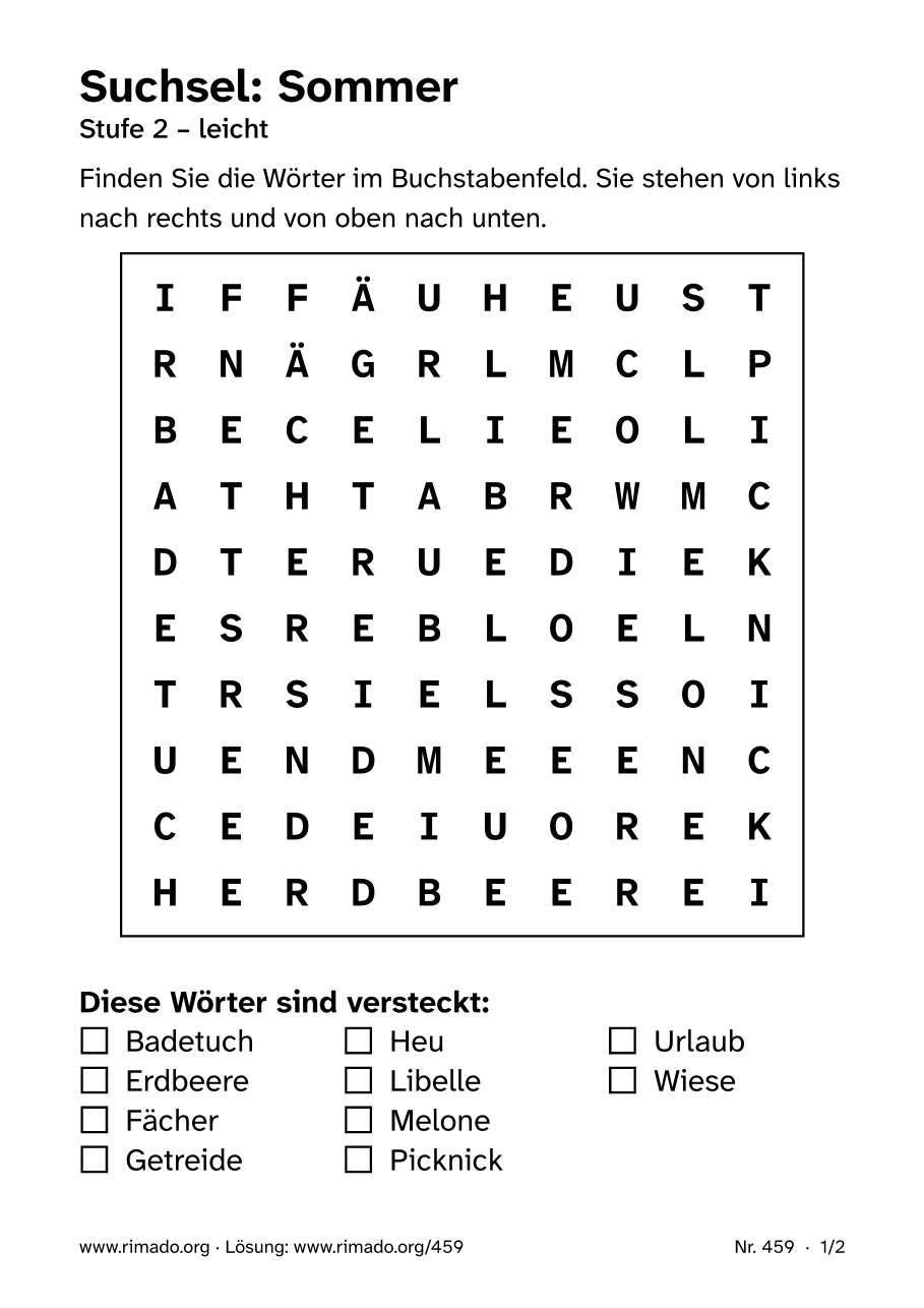 Vorschau der Druckseite: Suchsel „Sommer“, Nr. 459
