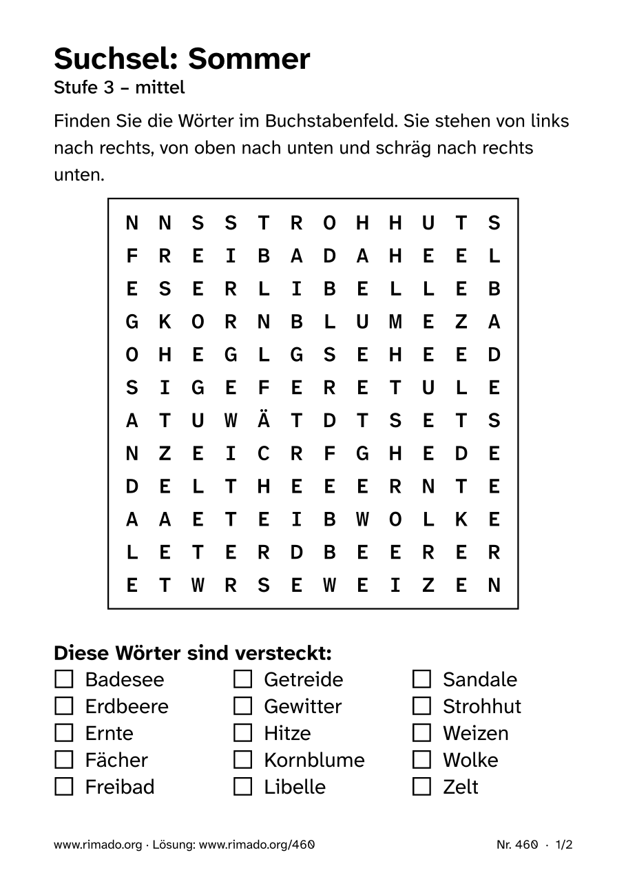 Vorschau der Druckseite: Suchsel „Sommer“, Nr. 460