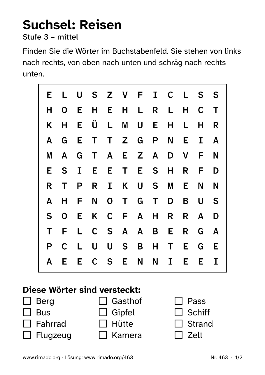 Vorschau der Druckseite: Suchsel „Reisen“, Nr. 463