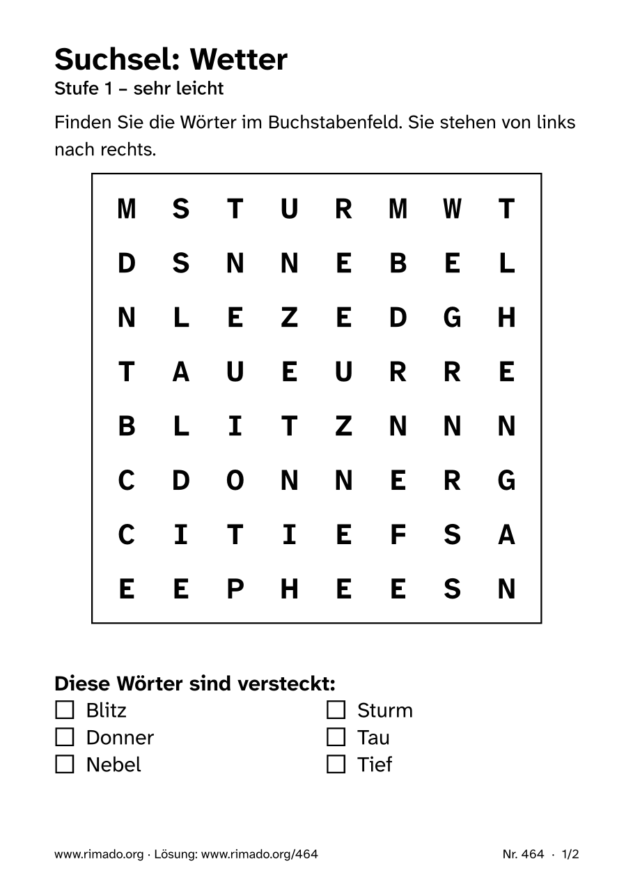 Vorschau der Druckseite: Suchsel „Wetter“, Nr. 464