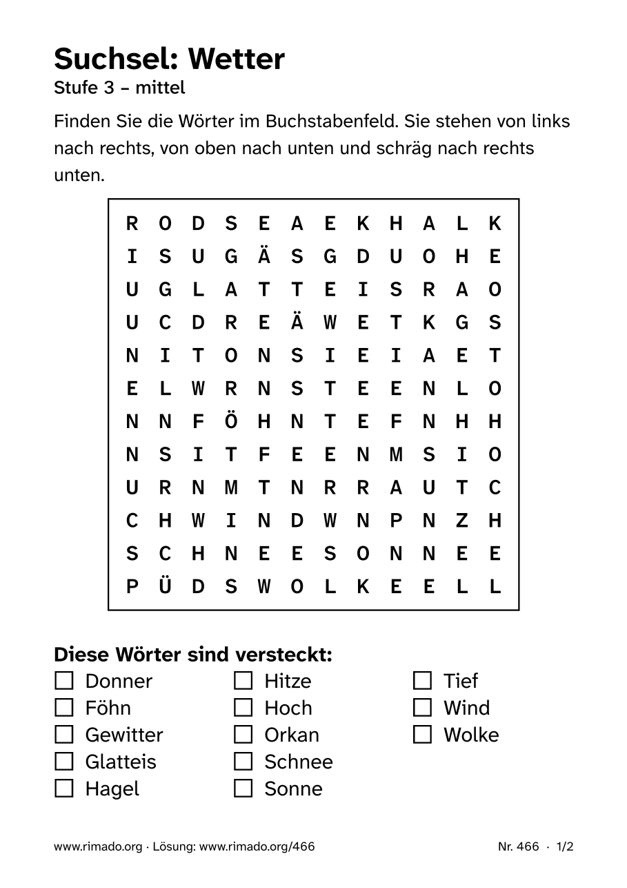 Vorschau der Druckseite: Suchsel „Wetter“, Nr. 466