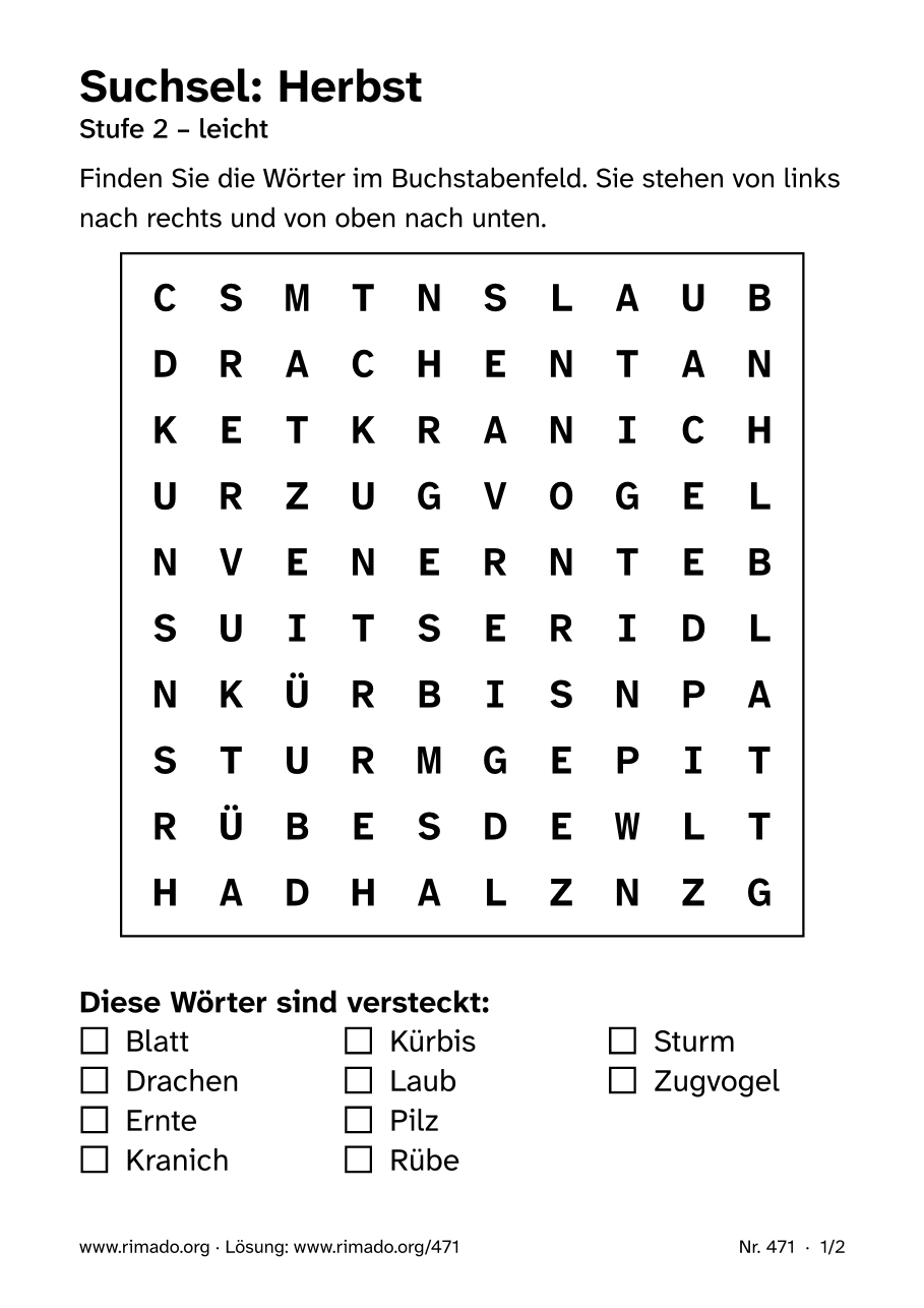 Vorschau der Druckseite: Suchsel „Herbst“, Nr. 471