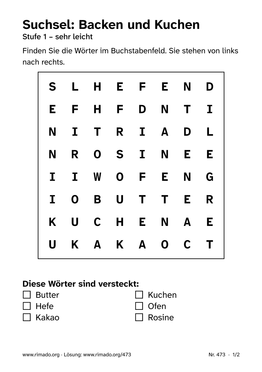 Vorschau der Druckseite: Suchsel „Backen und Kuchen“, Nr. 473
