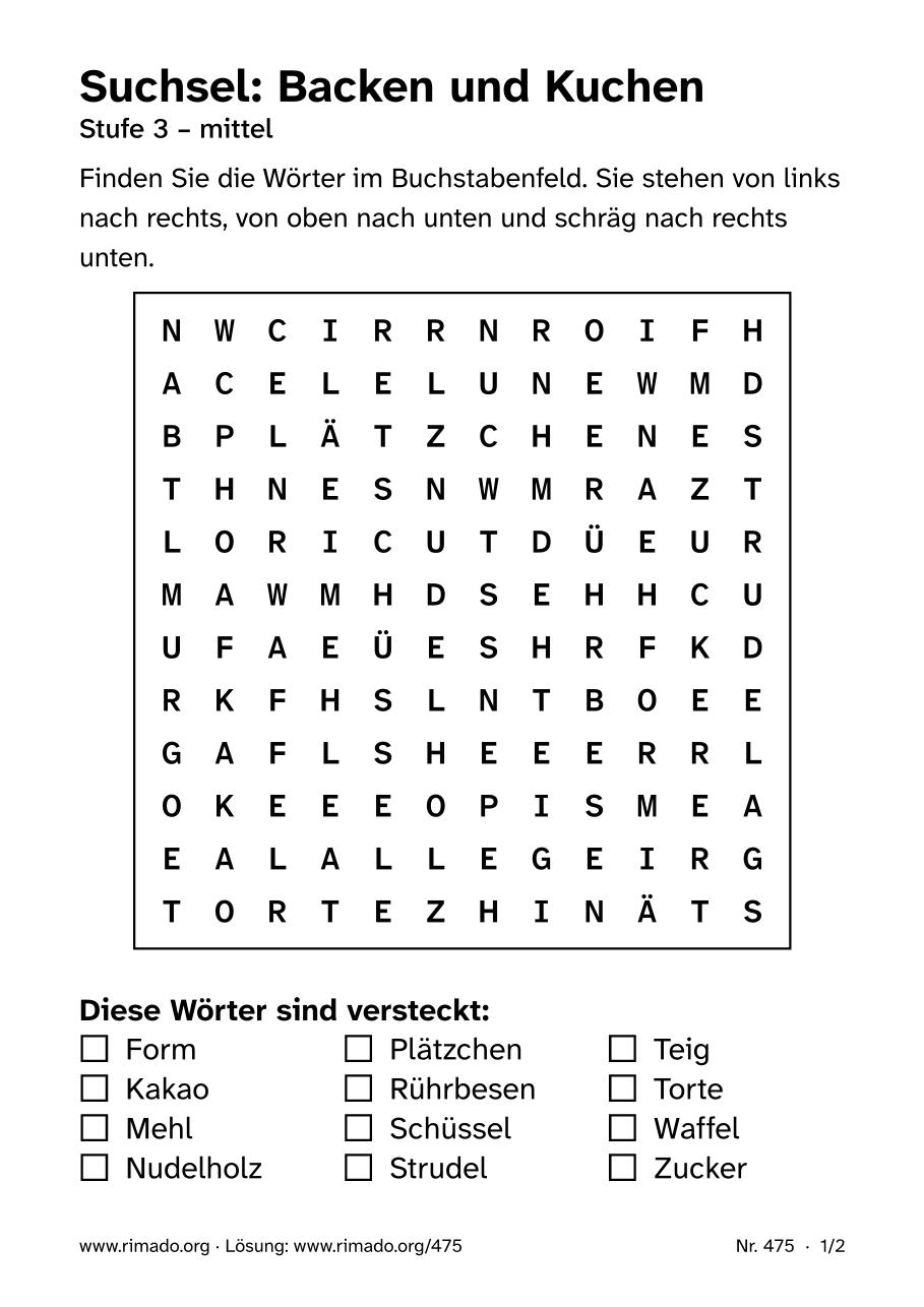 Vorschau der Druckseite: Suchsel „Backen und Kuchen“, Nr. 475