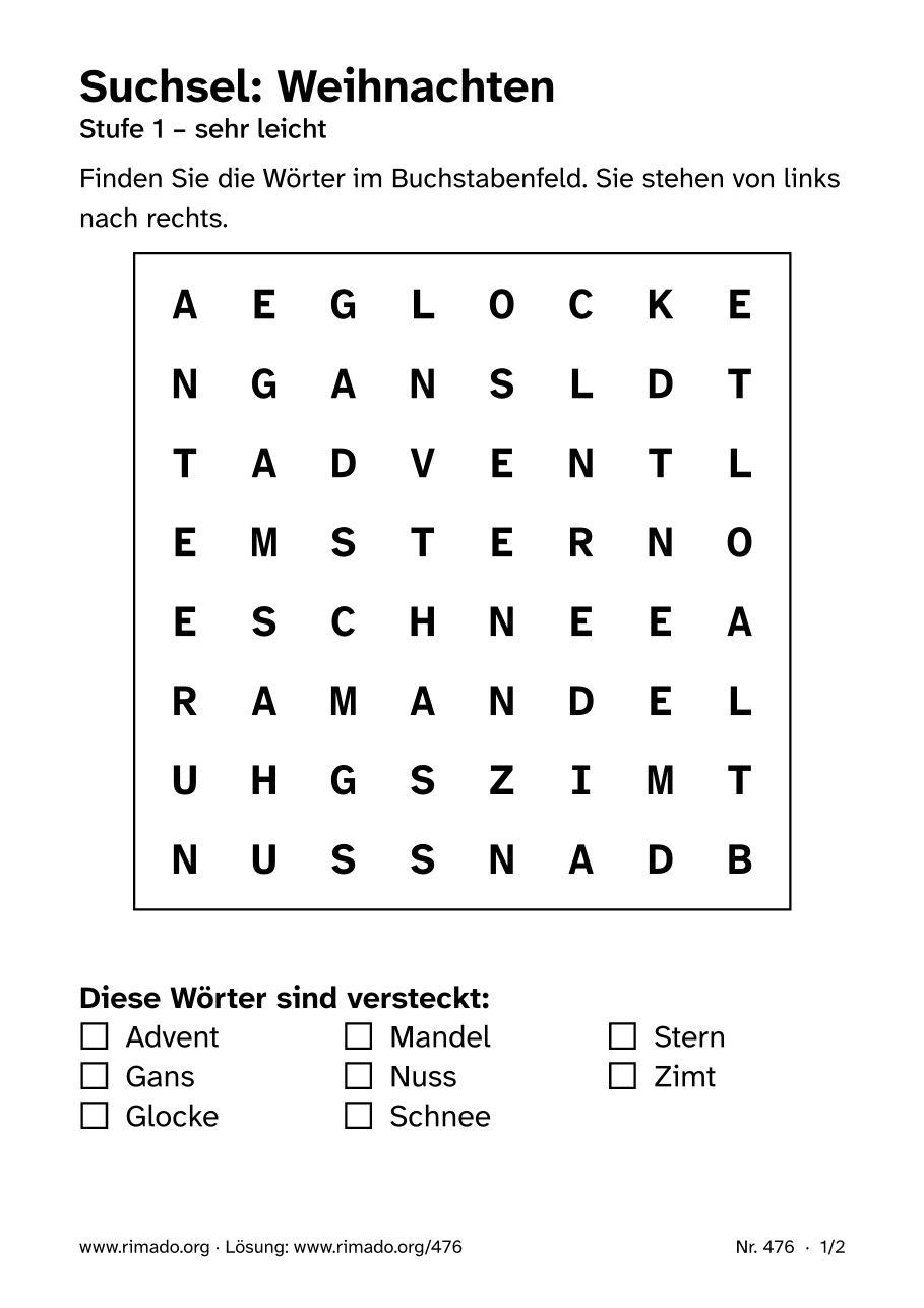 Vorschau der Druckseite: Suchsel „Weihnachten“, Nr. 476