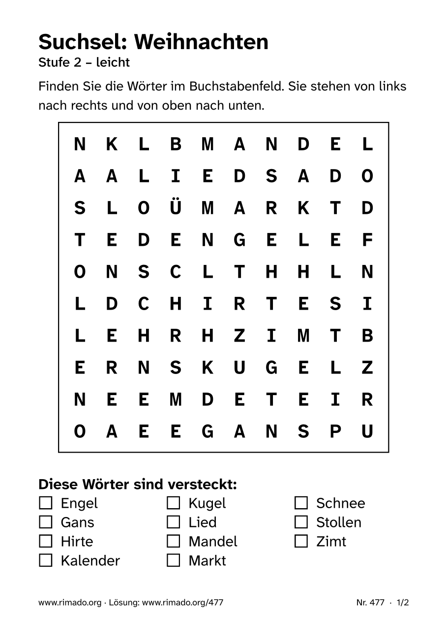 Vorschau der Druckseite: Suchsel „Weihnachten“, Nr. 477