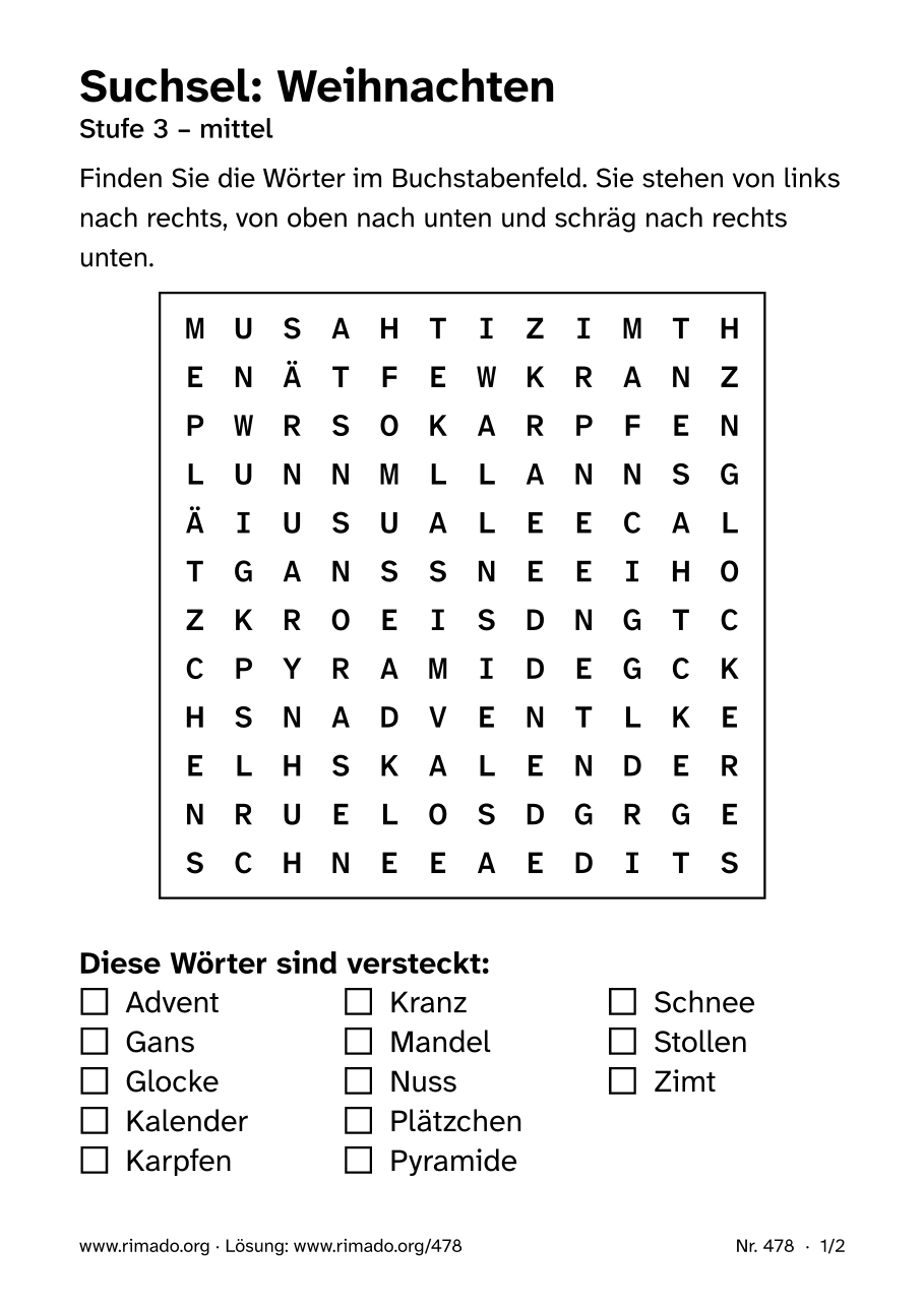 Vorschau der Druckseite: Suchsel „Weihnachten“, Nr. 478