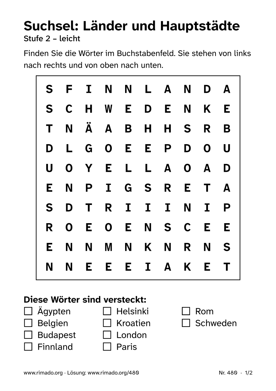 Vorschau der Druckseite: Suchsel „Länder und Hauptstädte“, Nr. 480