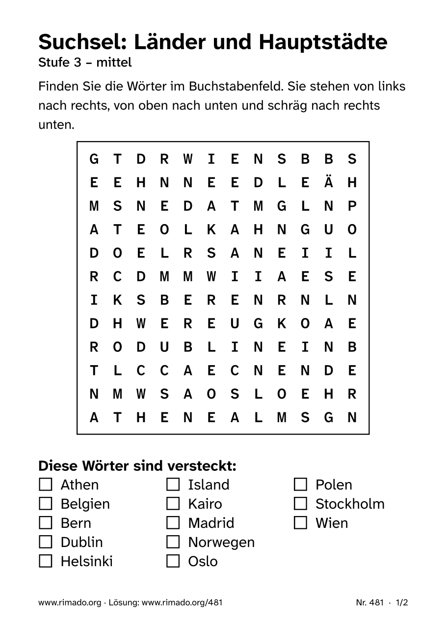 Vorschau der Druckseite: Suchsel „Länder und Hauptstädte“, Nr. 481