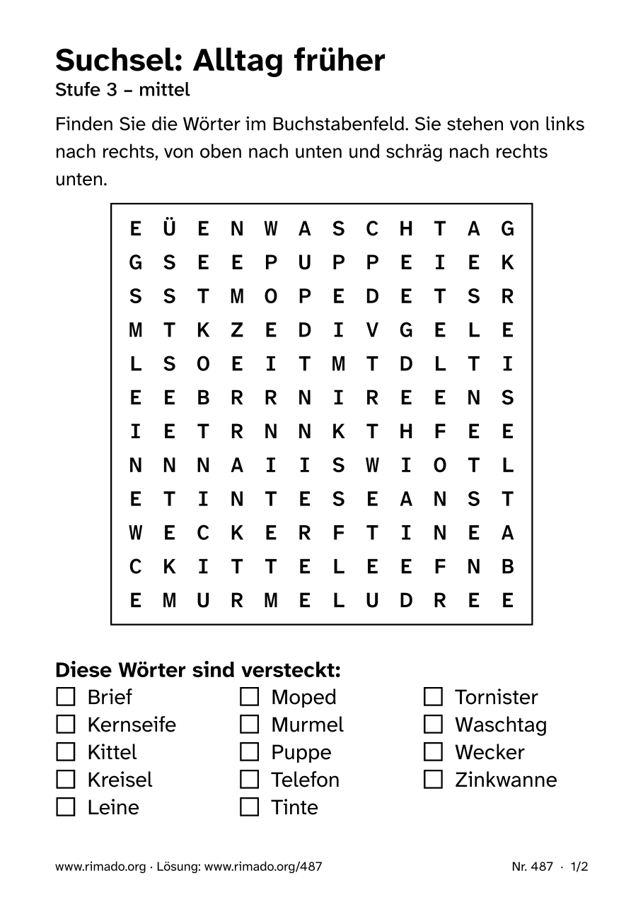 Vorschau der Druckseite: Suchsel „Alltag früher“, Nr. 487