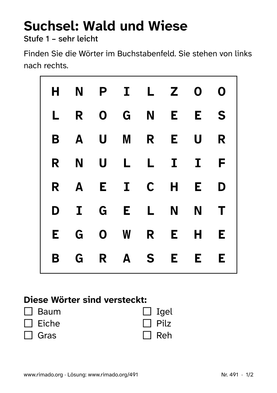 Vorschau der Druckseite: Suchsel „Wald und Wiese“, Nr. 491