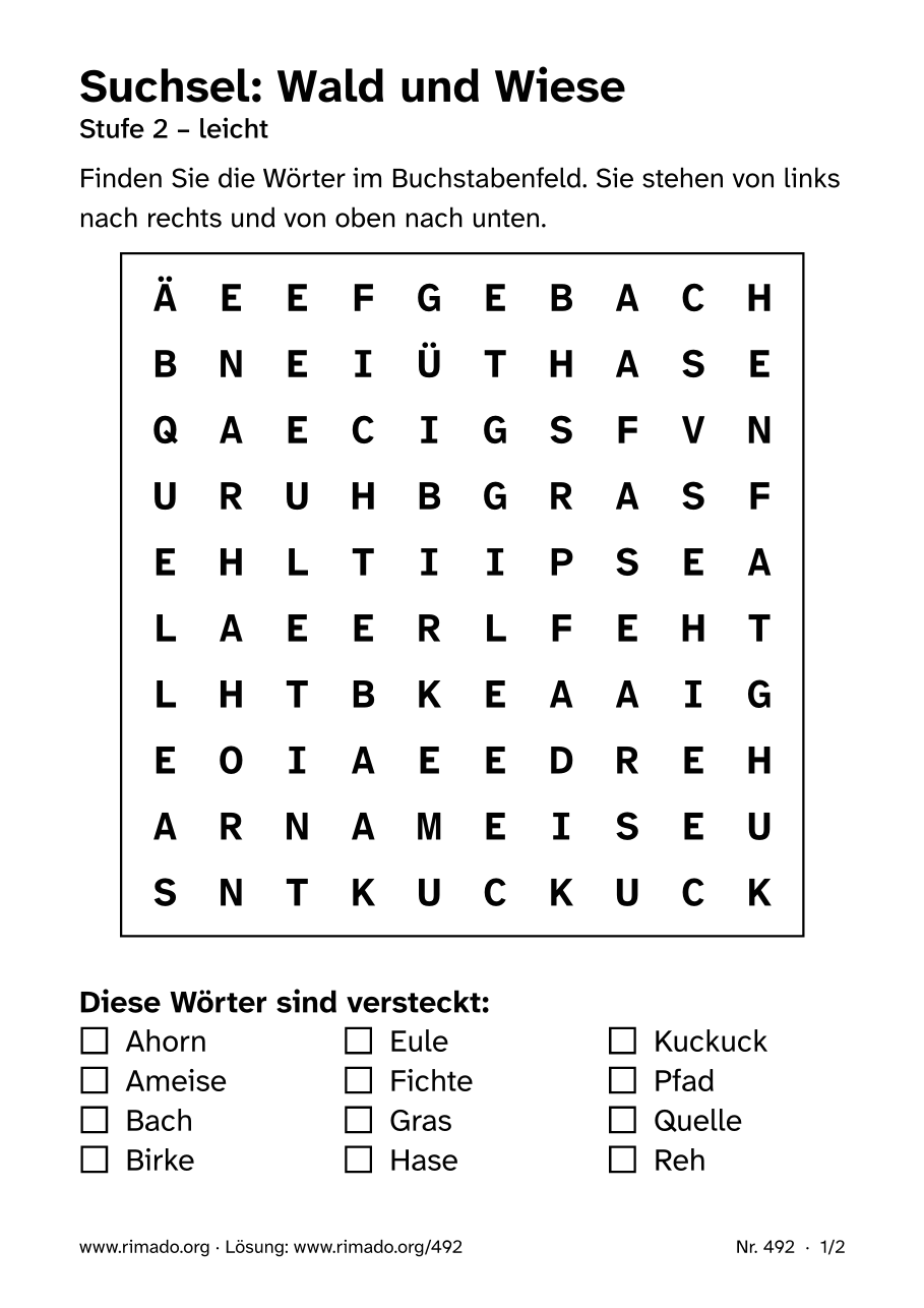 Vorschau der Druckseite: Suchsel „Wald und Wiese“, Nr. 492
