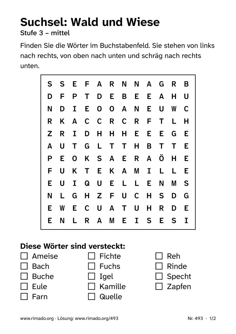 Vorschau der Druckseite: Suchsel „Wald und Wiese“, Nr. 493