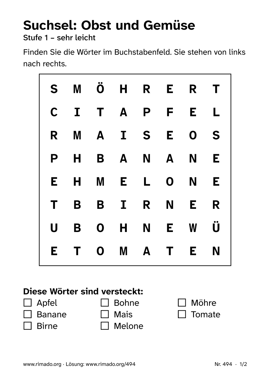 Vorschau der Druckseite: Suchsel „Obst und Gemüse“, Nr. 494