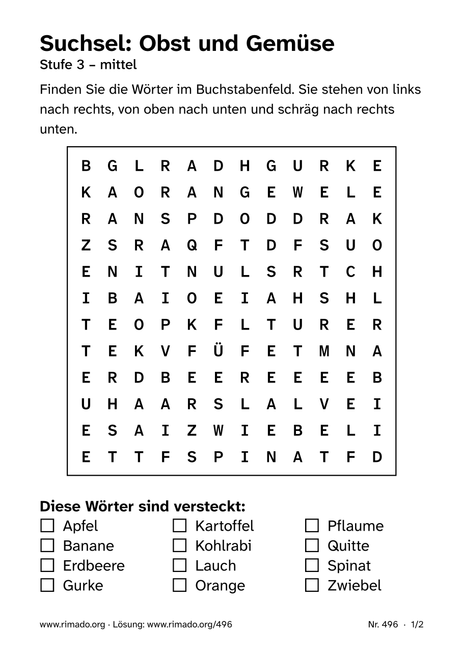 Vorschau der Druckseite: Suchsel „Obst und Gemüse“, Nr. 496